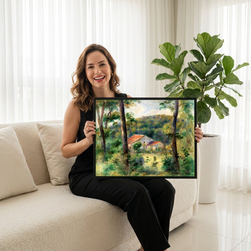 Quadro Decorativo Casa na Floresta - Renoir | modelo apresentando o quadro emoldurado