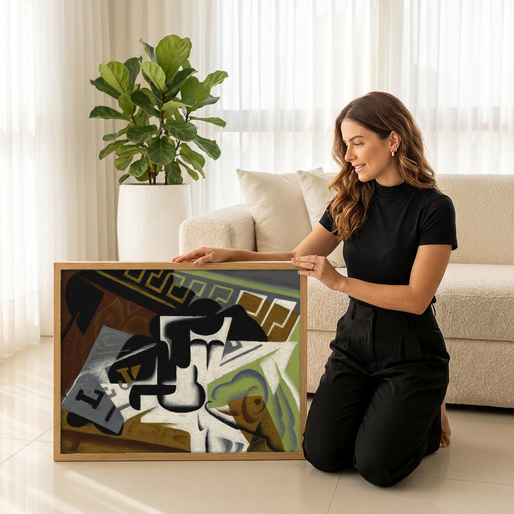Quadro Decorativo 'Natureza-morta com Guitarra' - Juan Gris | modelo apresentando o quadro emoldurado