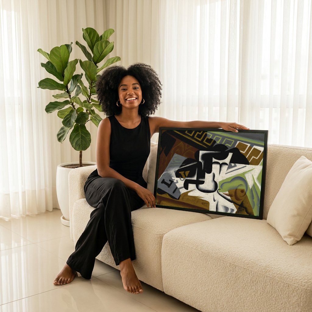 Quadro Decorativo 'Natureza-morta com Guitarra' - Juan Gris | modelo apresentando o quadro emoldurado