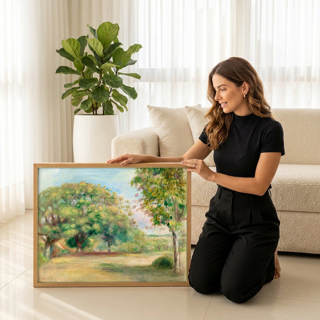 Quadro Decorativo Campo Arborizado - Renoir | modelo apresentando o quadro emoldurado