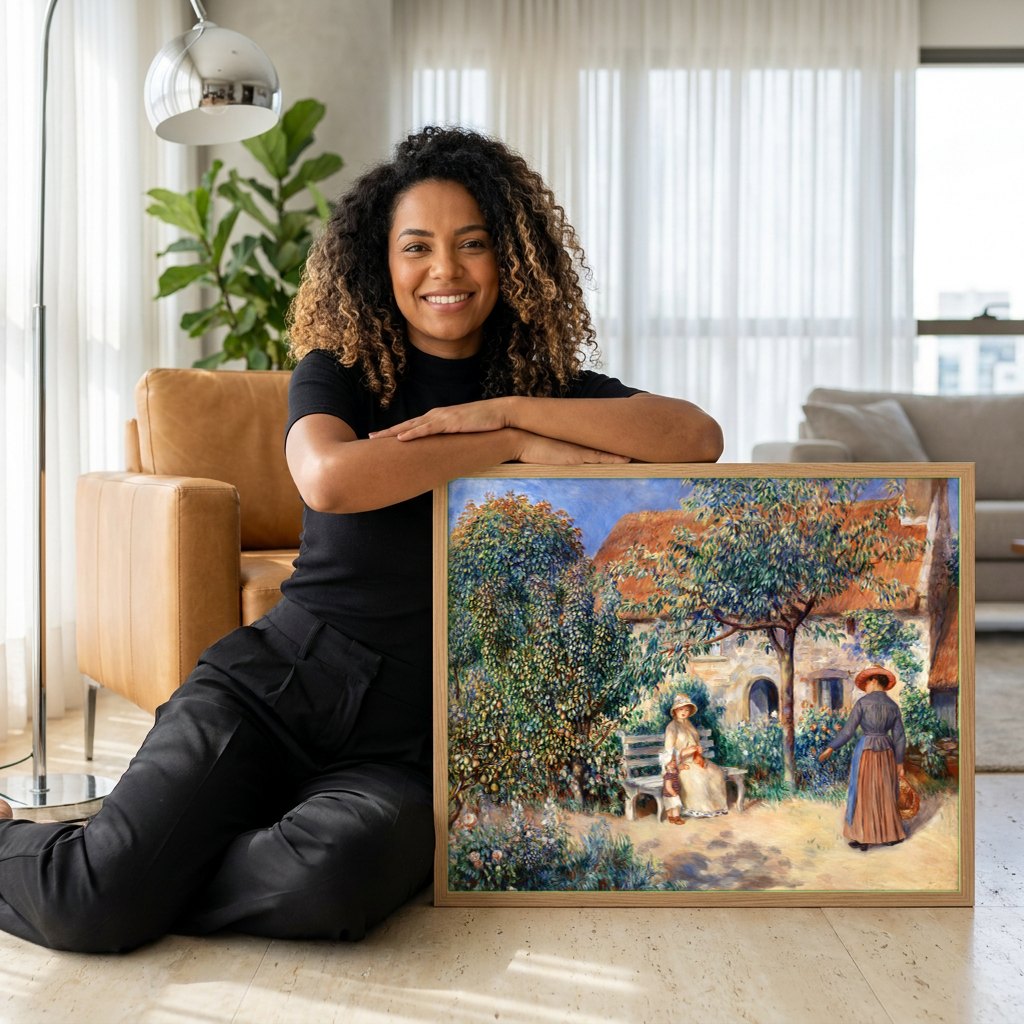 Quadro Decorativo Jardins com Figuras - Pierre Auguste Renoir | modelo apresentando o quadro emoldurado