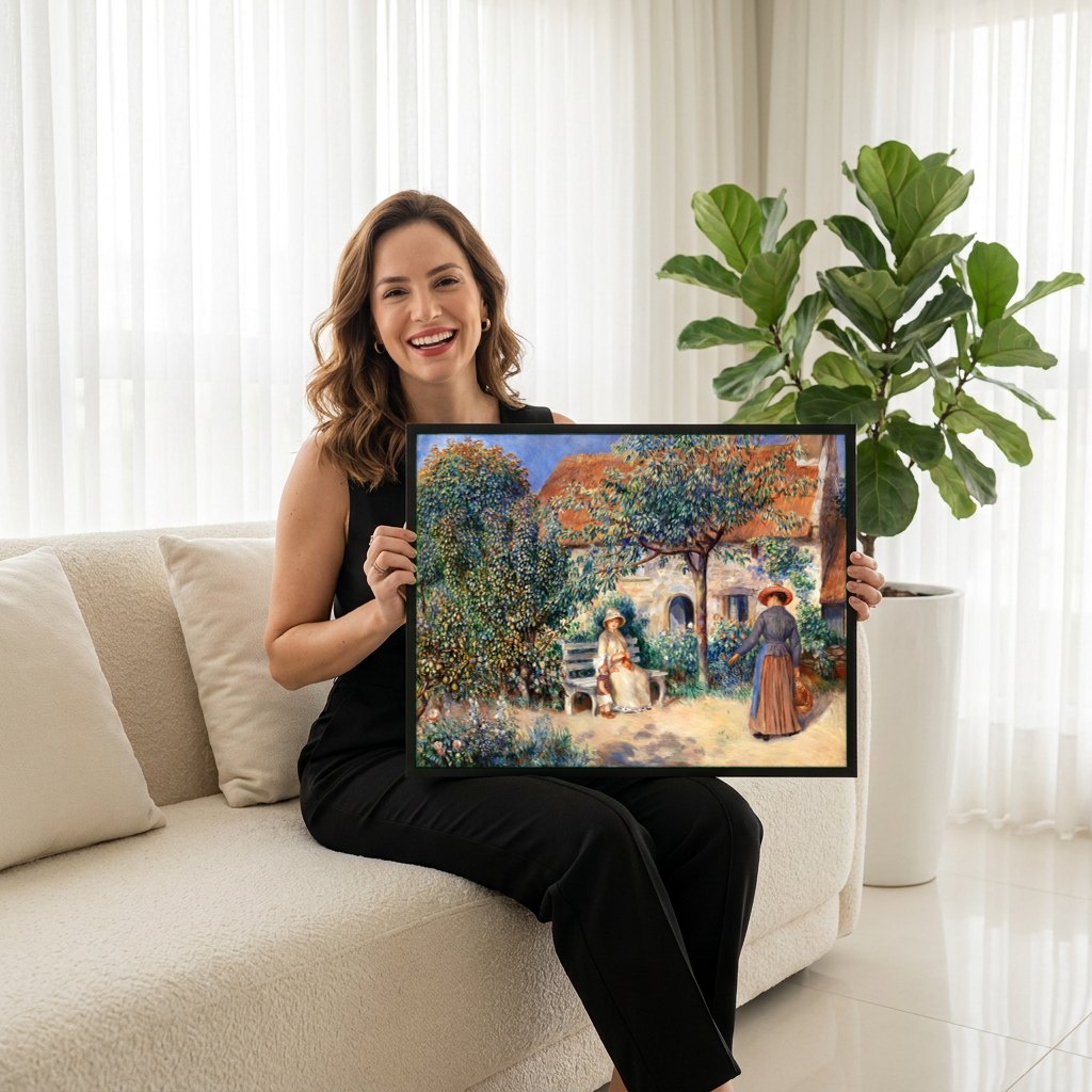 Quadro Decorativo Jardins com Figuras - Pierre Auguste Renoir | modelo apresentando o quadro emoldurado