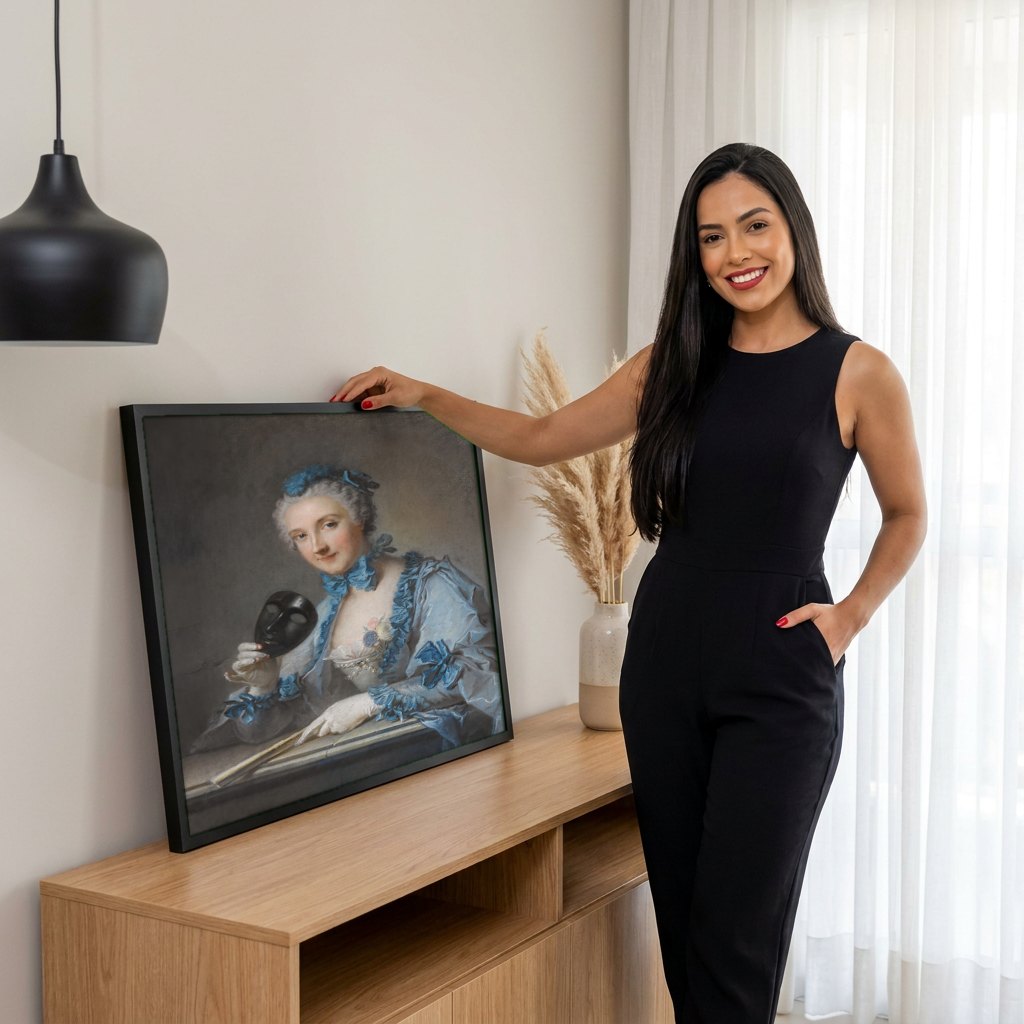 Quadro Decorativo Dama com Máscara - Nattier | modelo apresentando o quadro emoldurado