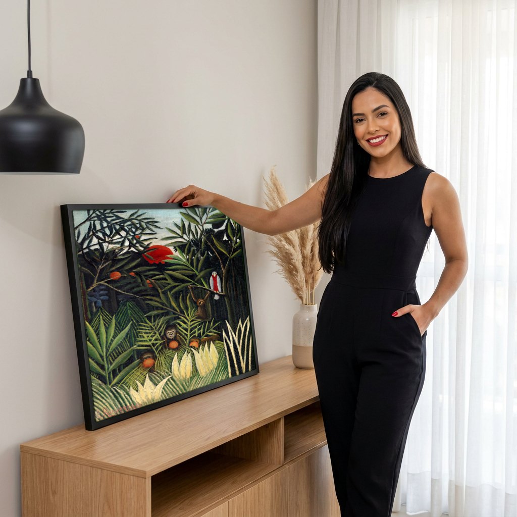 Quadro Decorativo A Selva Tropical - Henri Rousseau | modelo apresentando o quadro emoldurado