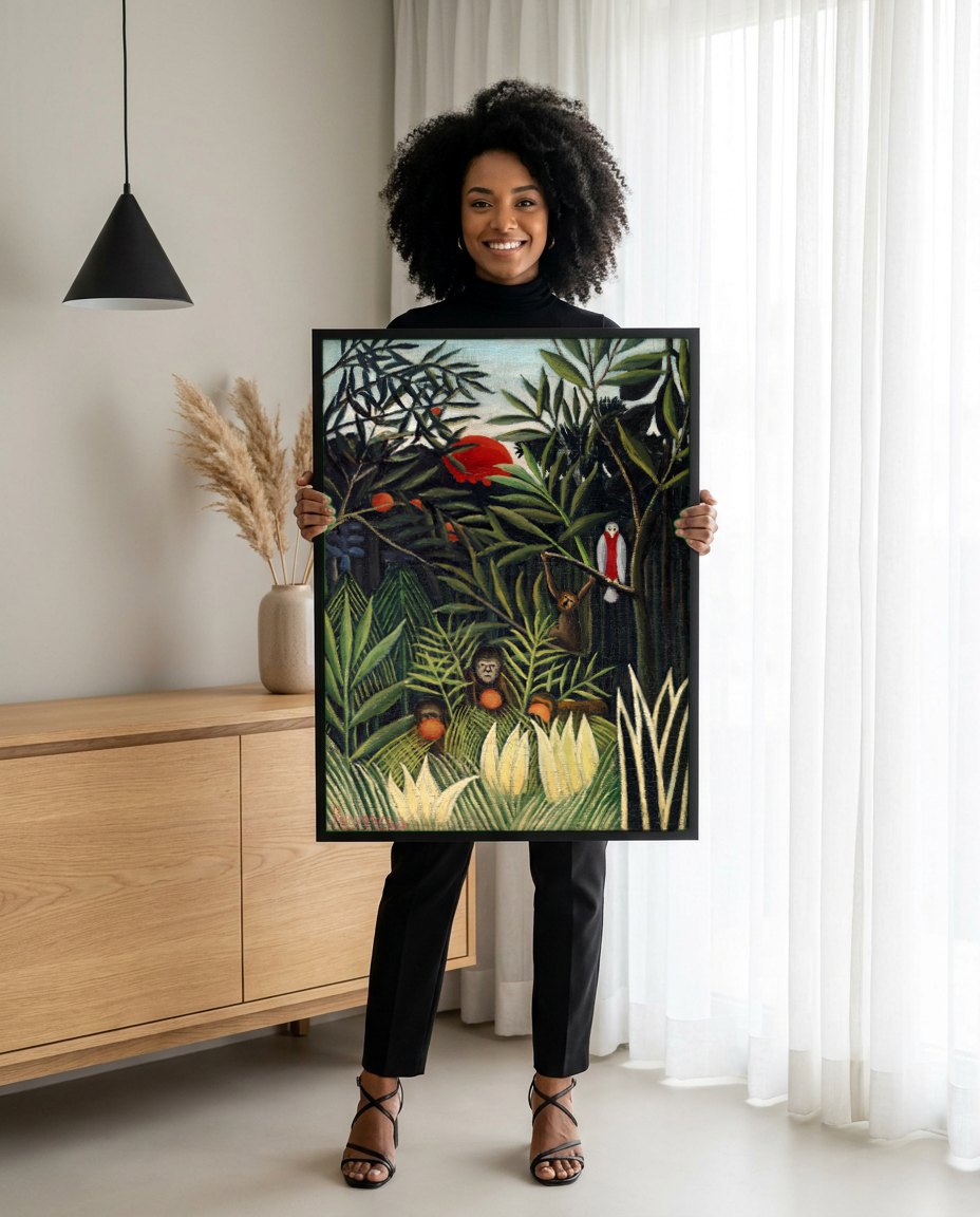 Quadro Decorativo A Selva Tropical - Henri Rousseau | modelo apresentando o quadro emoldurado