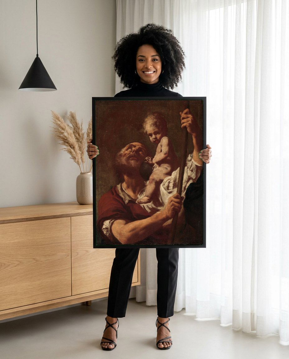 Quadro Decorativo São Cristóvão e o Menino Jesus - Piazzetta | modelo apresentando o quadro emoldurado