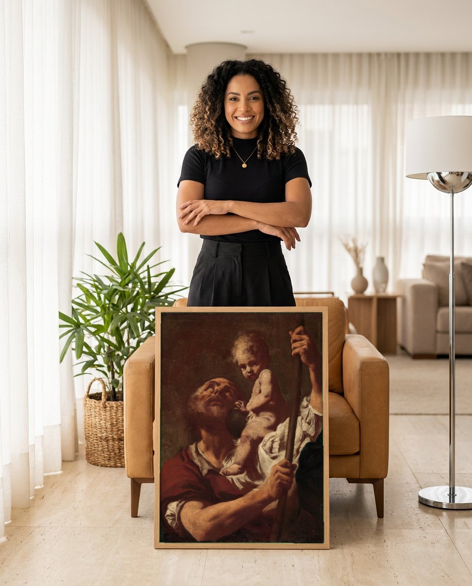 Quadro Decorativo São Cristóvão e o Menino Jesus - Piazzetta | modelo apresentando o quadro emoldurado