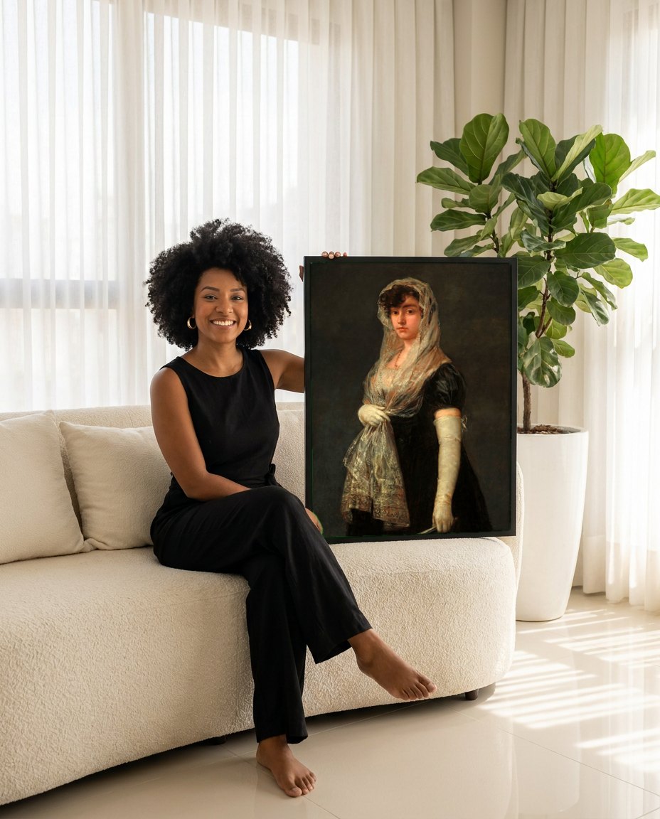 Quadro Decorativo A Dama do Leque - Francisco de Goya | modelo apresentando o quadro emoldurado
