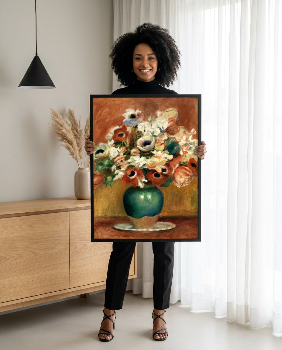 Quadro Decorativo Vaso de Anêmonas - Renoir | modelo apresentando o quadro emoldurado