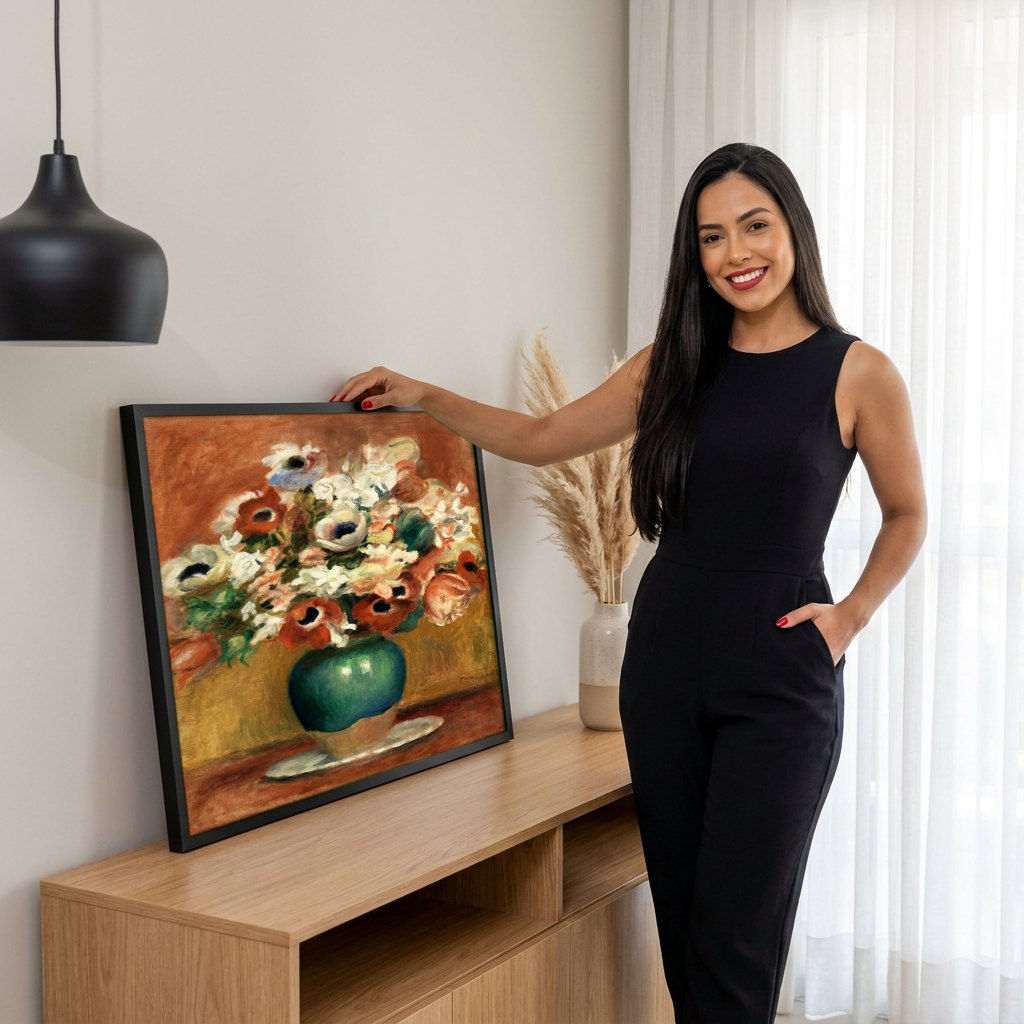 Quadro Decorativo Vaso de Anêmonas - Renoir | modelo apresentando o quadro emoldurado