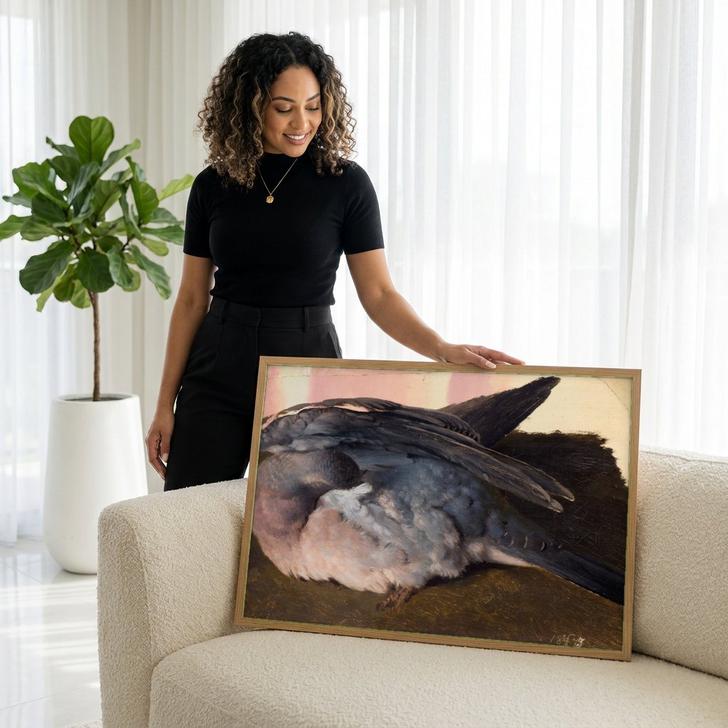 Quadro Decorativo Pomba Adormecida - Ferdinand von Wright | modelo apresentando o quadro emoldurado
