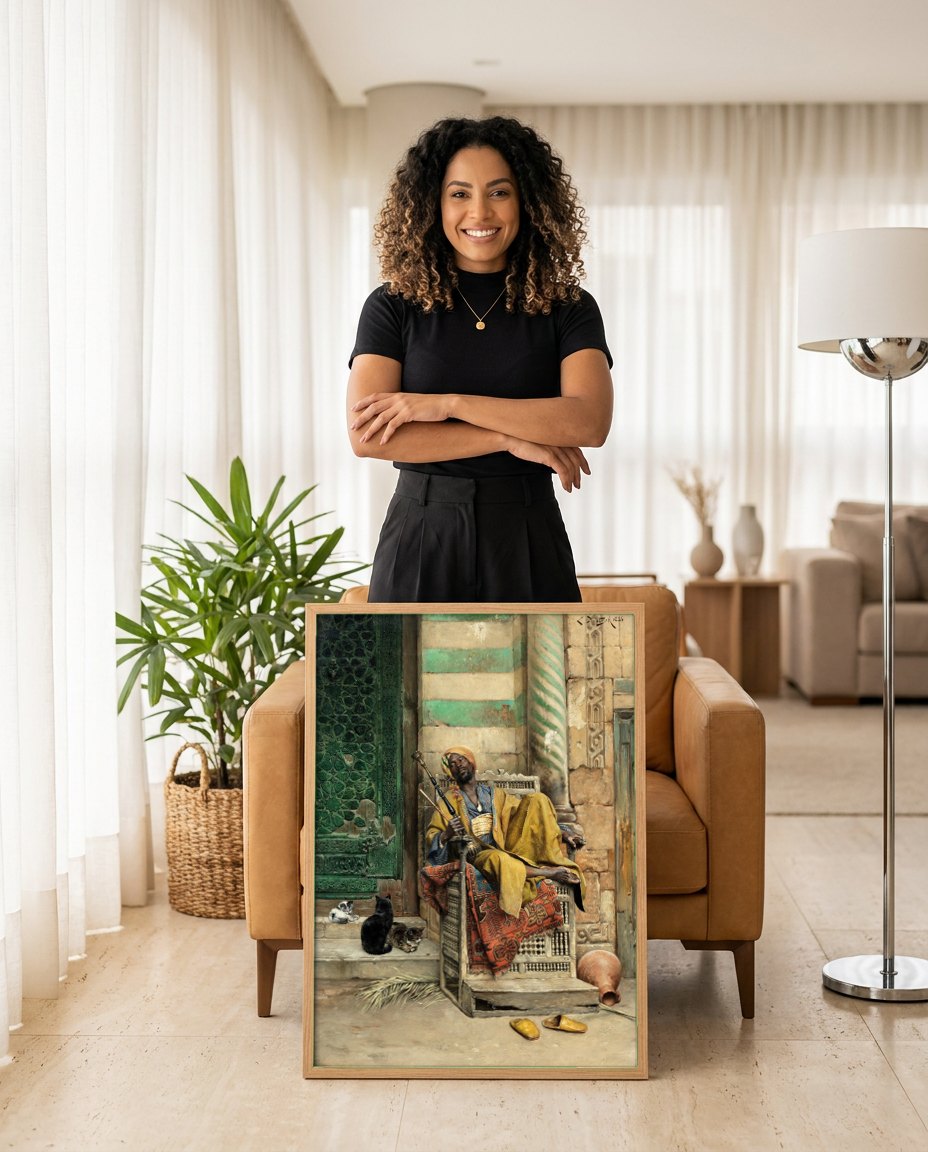 Quadro Decorativo O Shisha Fumante - Ludwig Deutsch | modelo apresentando o quadro emoldurado