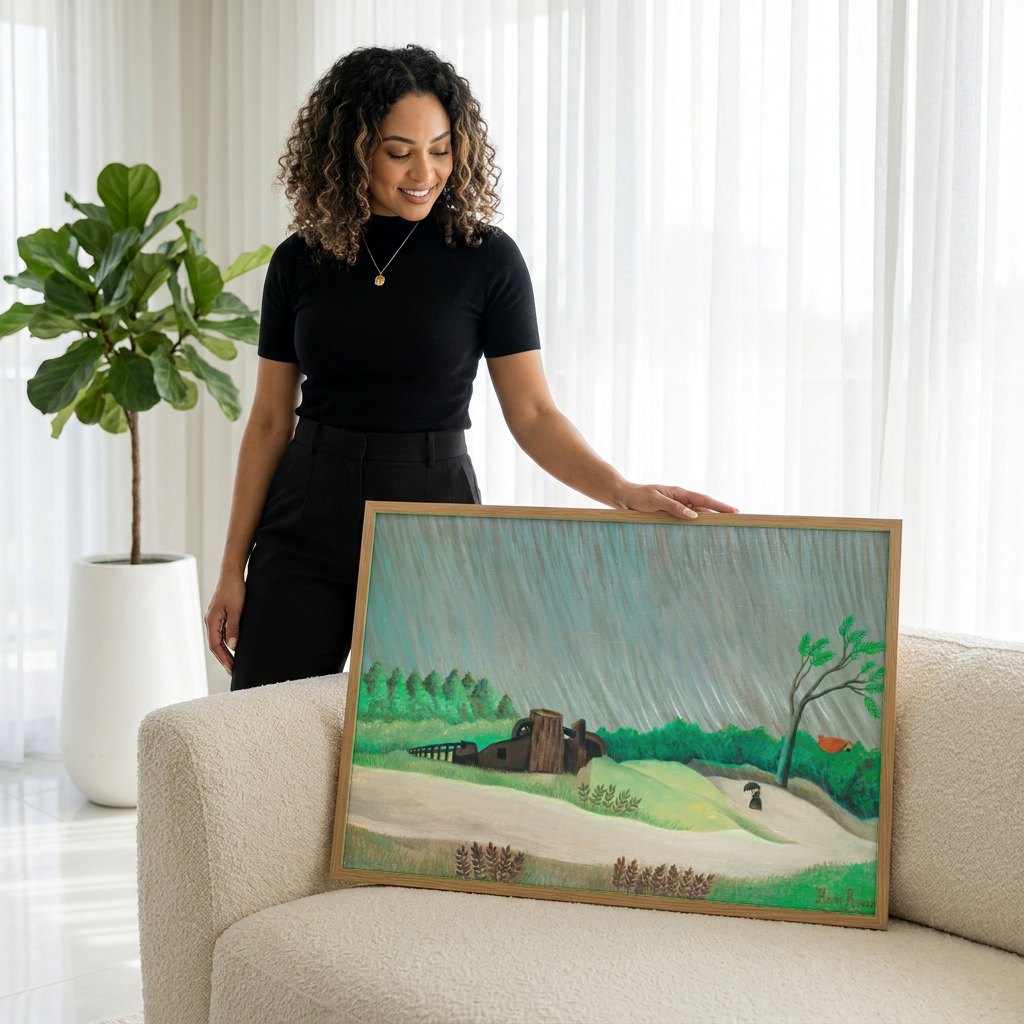 Quadro Decorativo A Carroça de Père Junier - Henri Rousseau | modelo apresentando o quadro emoldurado