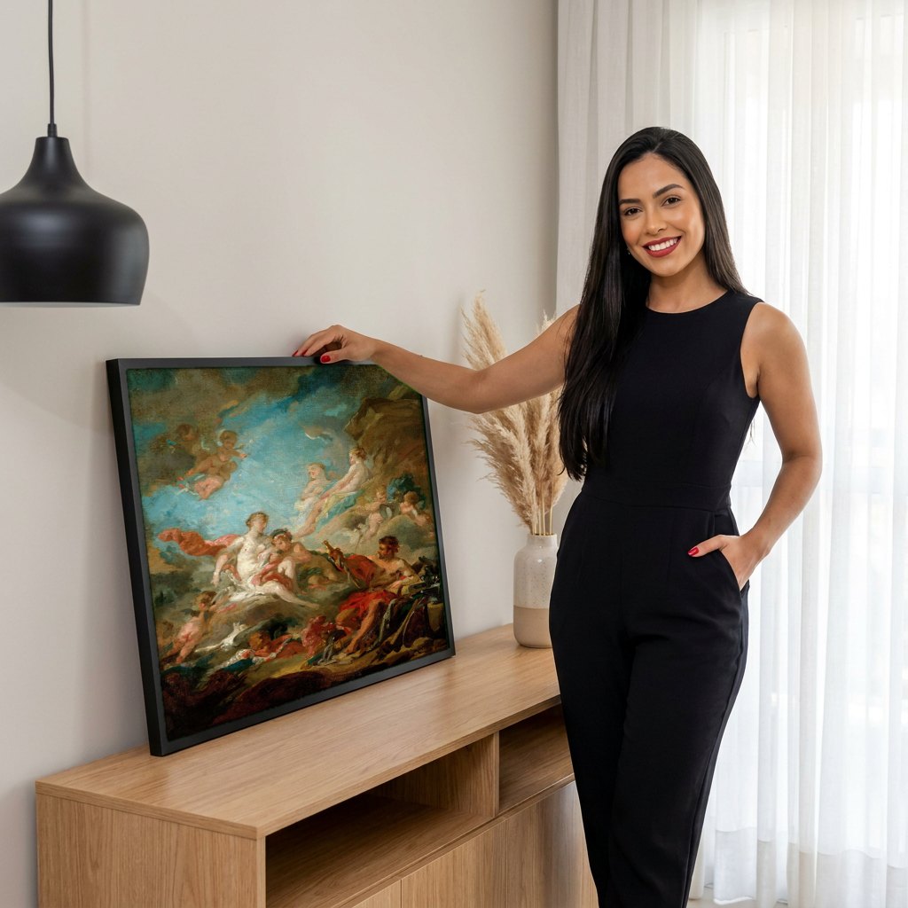 Quadro Decorativo Apolo Revelando sua Divindade a Isse - Boucher | modelo apresentando o quadro emoldurado