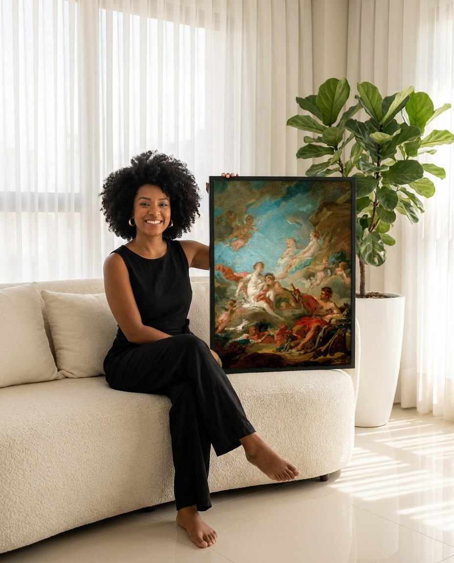 Quadro Decorativo Apolo Revelando sua Divindade a Isse - Boucher | modelo apresentando o quadro emoldurado
