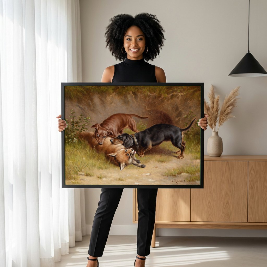 Quadro Decorativo Cães e Raposa - Carl Reichert | modelo apresentando o quadro emoldurado