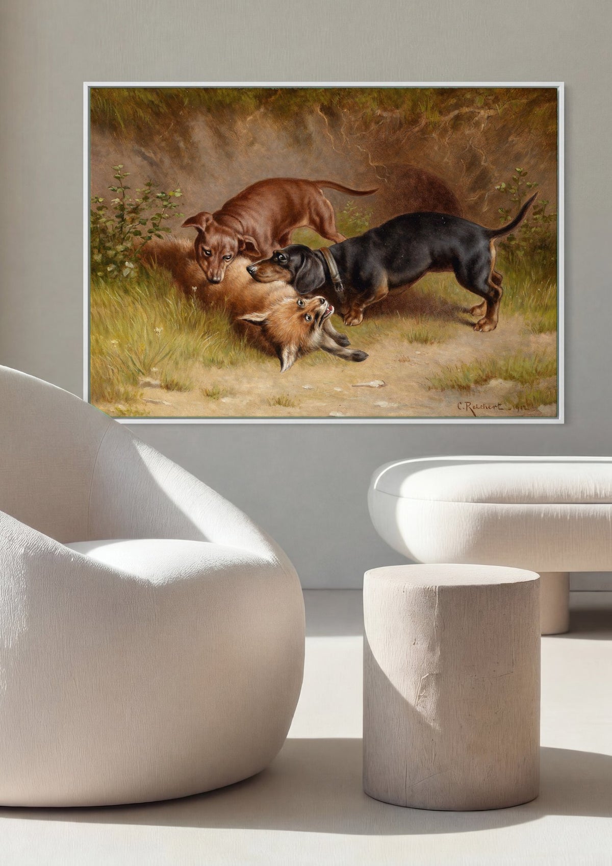 Quadro Decorativo Cães e Raposa - Carl Reichert | quadro emoldurado na parede