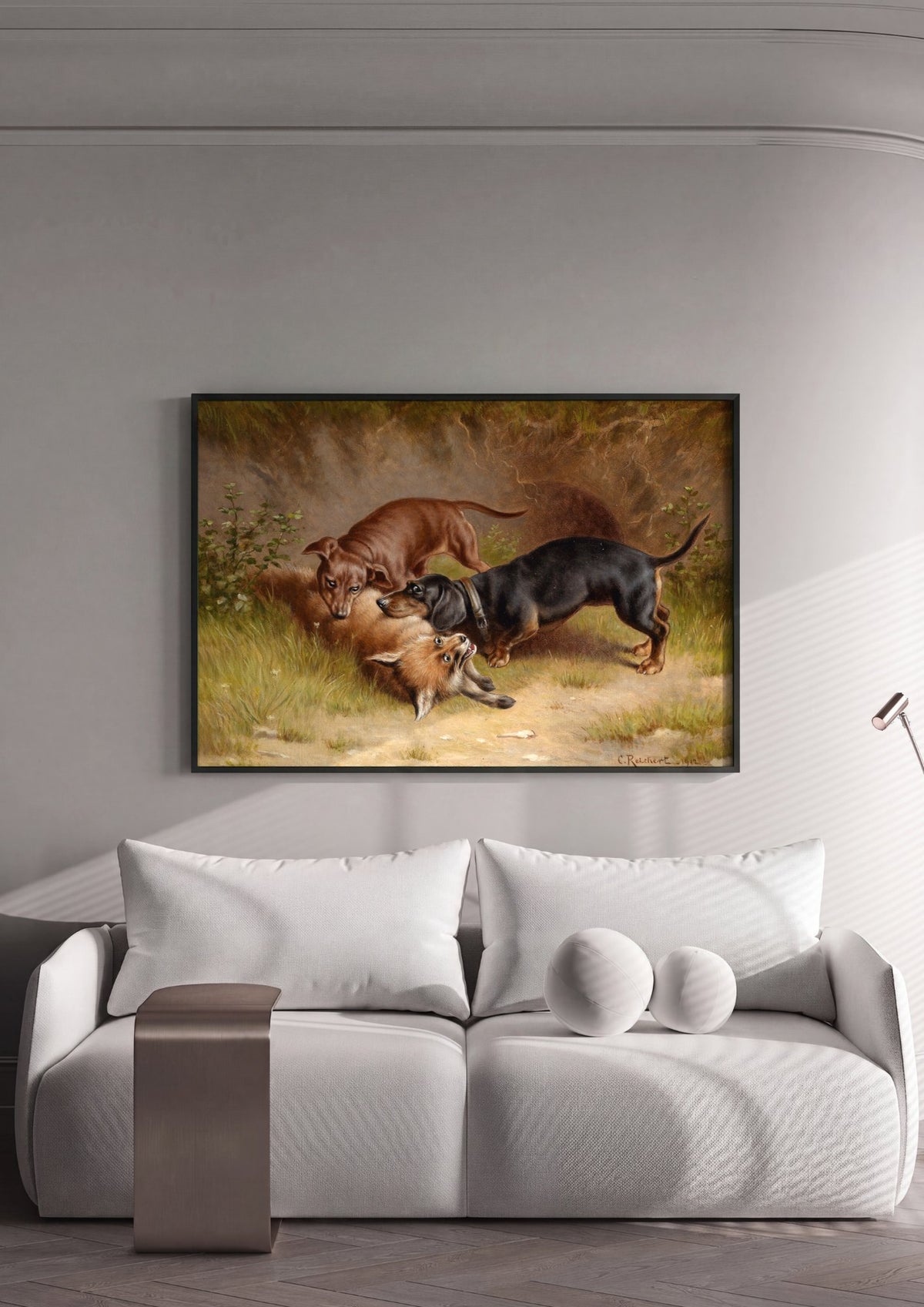 Quadro Decorativo Cães e Raposa - Carl Reichert | quadro emoldurado na parede