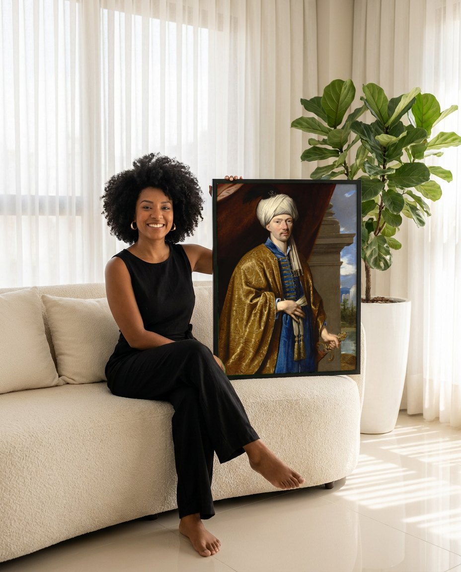 Quadro Decorativo Homem com Turbante – Philippe de Champaigne | modelo apresentando o quadro emoldurado
