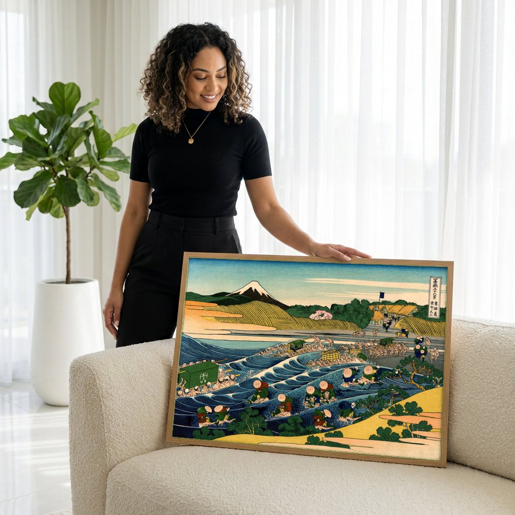 Quadro Decorativo A Travessia do Rio Ōi - Hokusai | modelo apresentando o quadro emoldurado