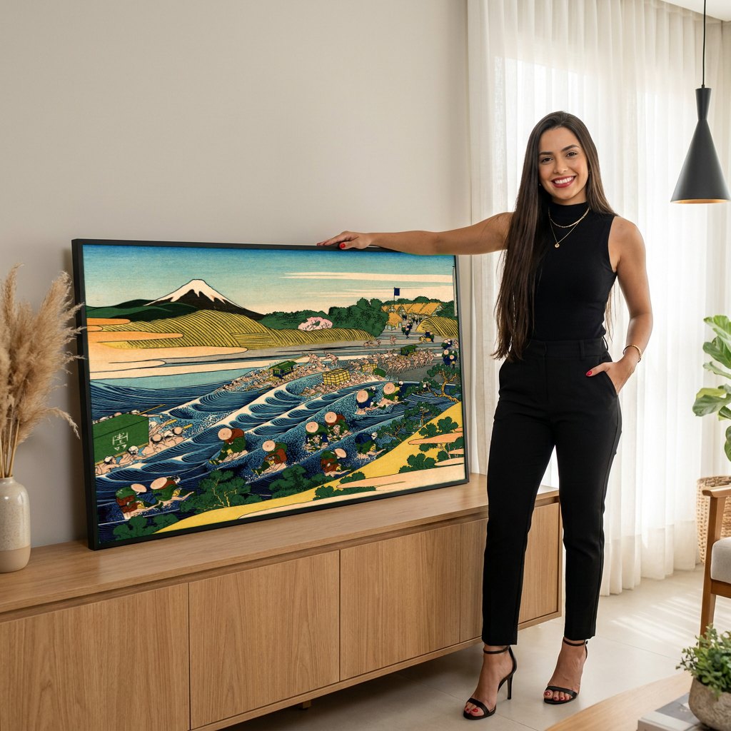 Quadro Decorativo A Travessia do Rio Ōi - Hokusai | modelo apresentando o quadro emoldurado