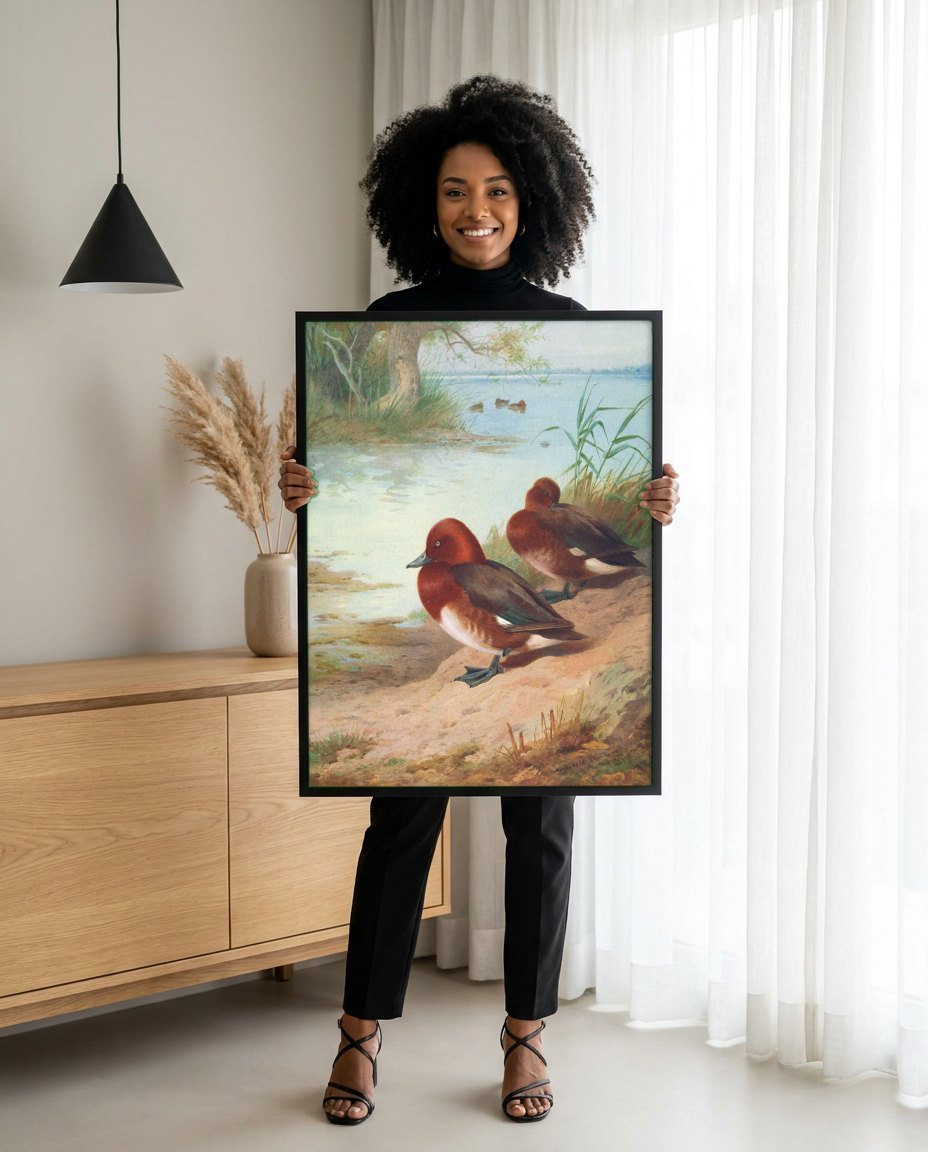 Quadro Decorativo Patos Ferrugem (Ferruginous Ducks) - Thorburn | modelo apresentando o quadro emoldurado