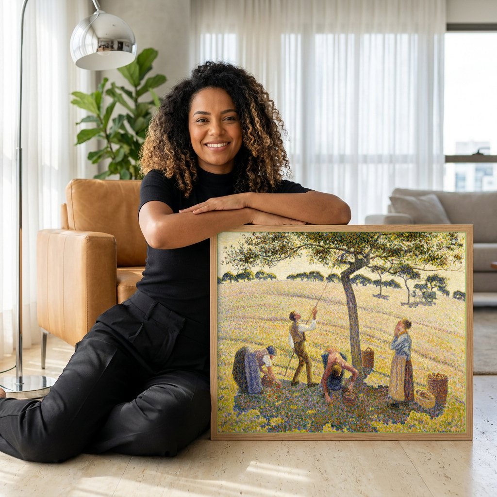Quadro Decorativo A Colheita de Maçãs - Pissarro | modelo apresentando o quadro emoldurado