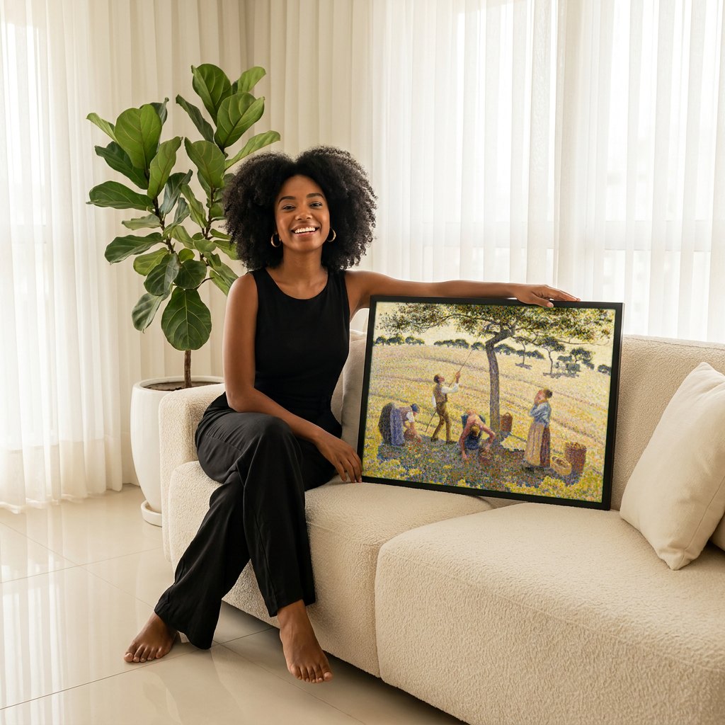 Quadro Decorativo A Colheita de Maçãs - Pissarro | modelo apresentando o quadro emoldurado