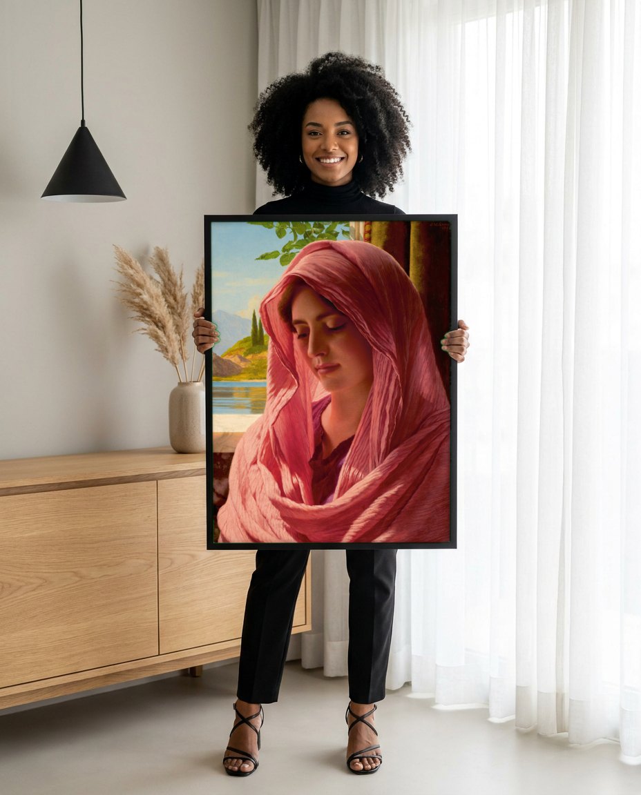 Quadro Decorativo A Contemplação - John William Godward | modelo apresentando o quadro emoldurado