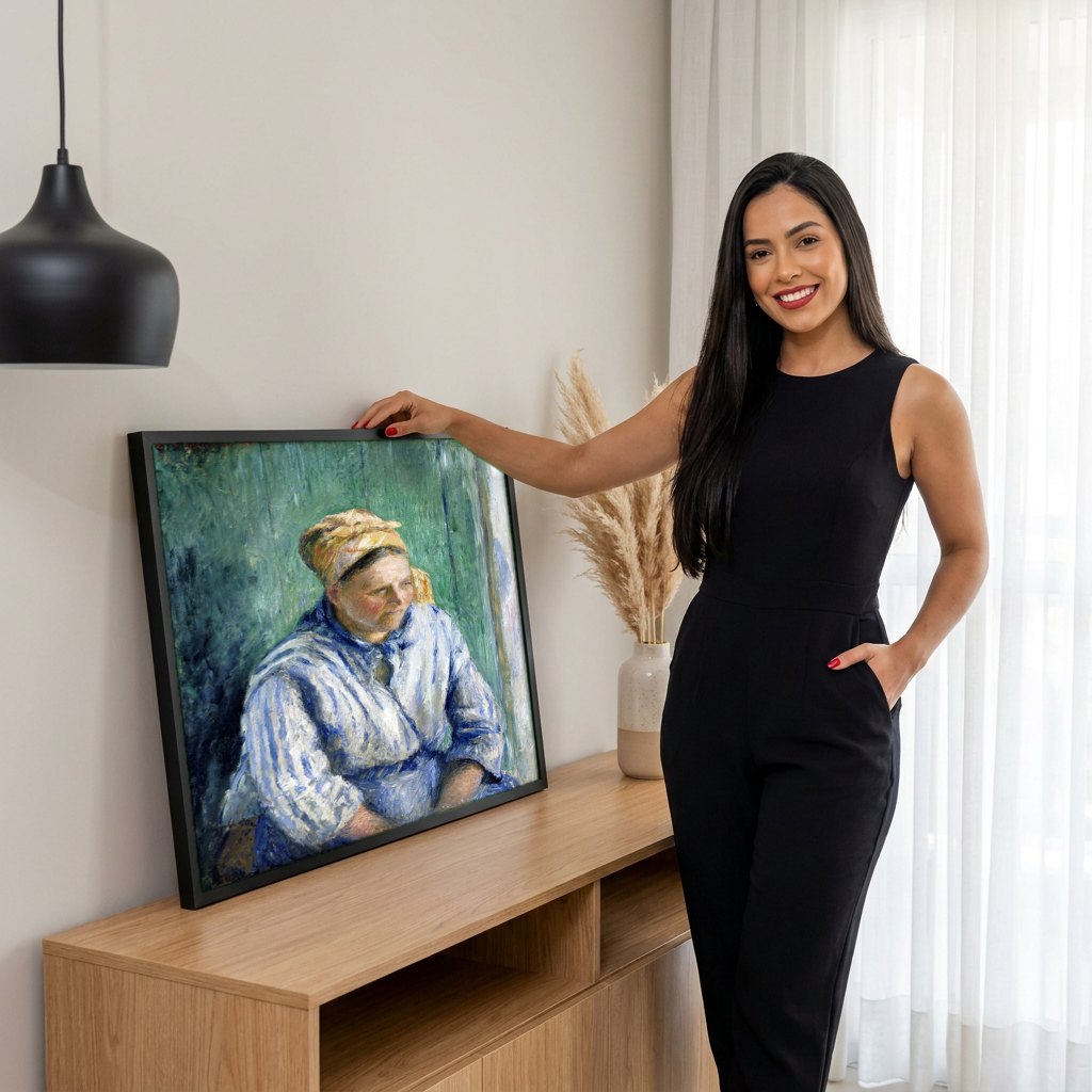 Quadro Decorativo Camponesa Sentada - Camille Pissarro | modelo apresentando o quadro emoldurado