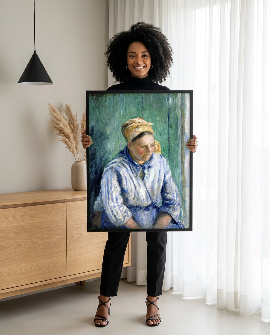 Quadro Decorativo Camponesa Sentada - Camille Pissarro | modelo apresentando o quadro emoldurado