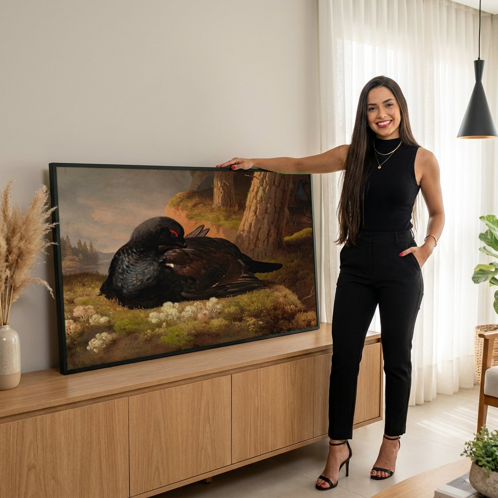Quadro Decorativo Aves da Floresta - Ferdinand von Wright | modelo apresentando o quadro emoldurado
