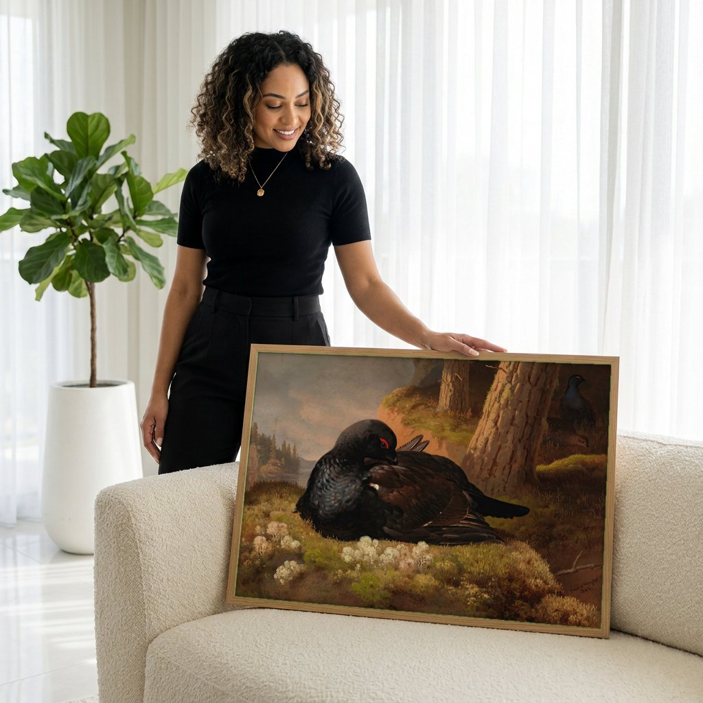 Quadro Decorativo Aves da Floresta - Ferdinand von Wright | modelo apresentando o quadro emoldurado