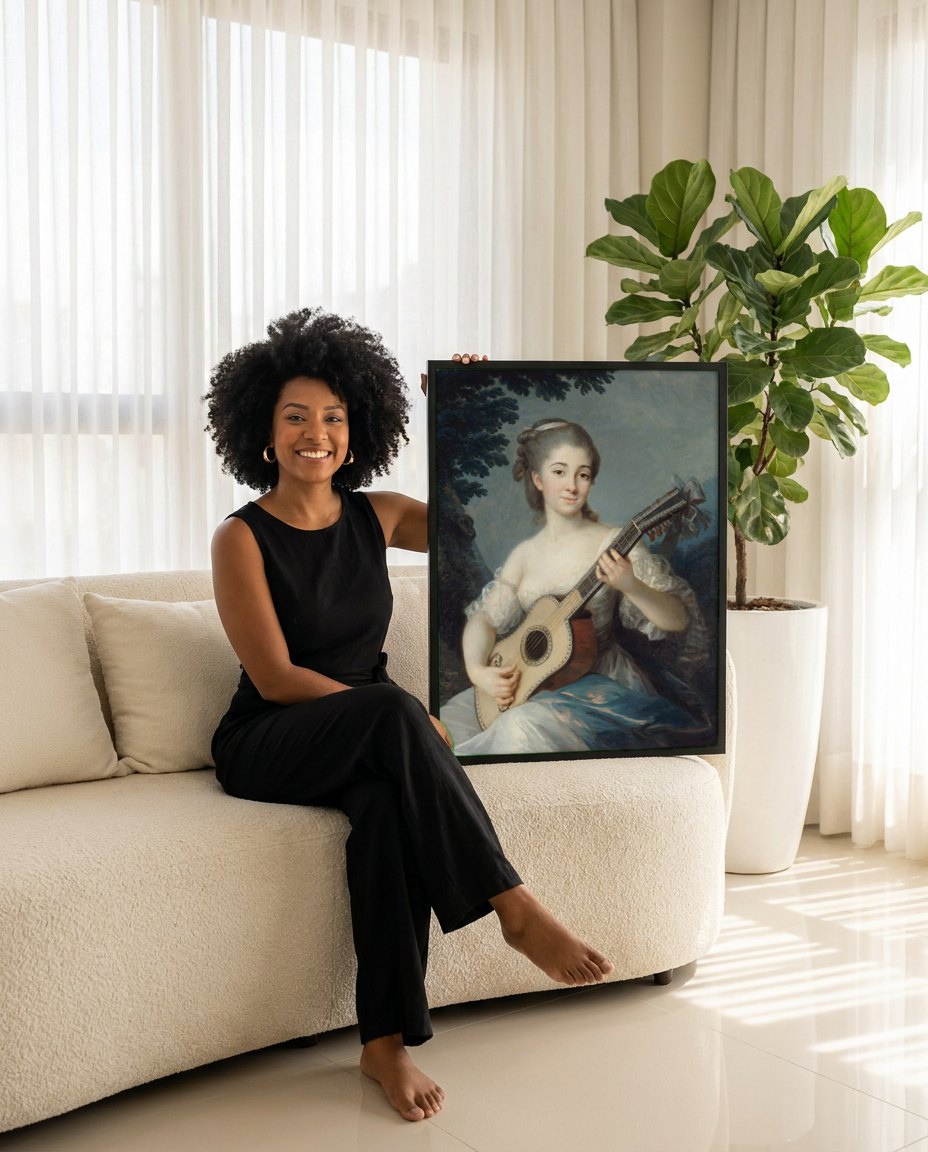Quadro Decorativo Jovem com Guitarra - Elisabeth Vigée Le Brun | modelo apresentando o quadro emoldurado