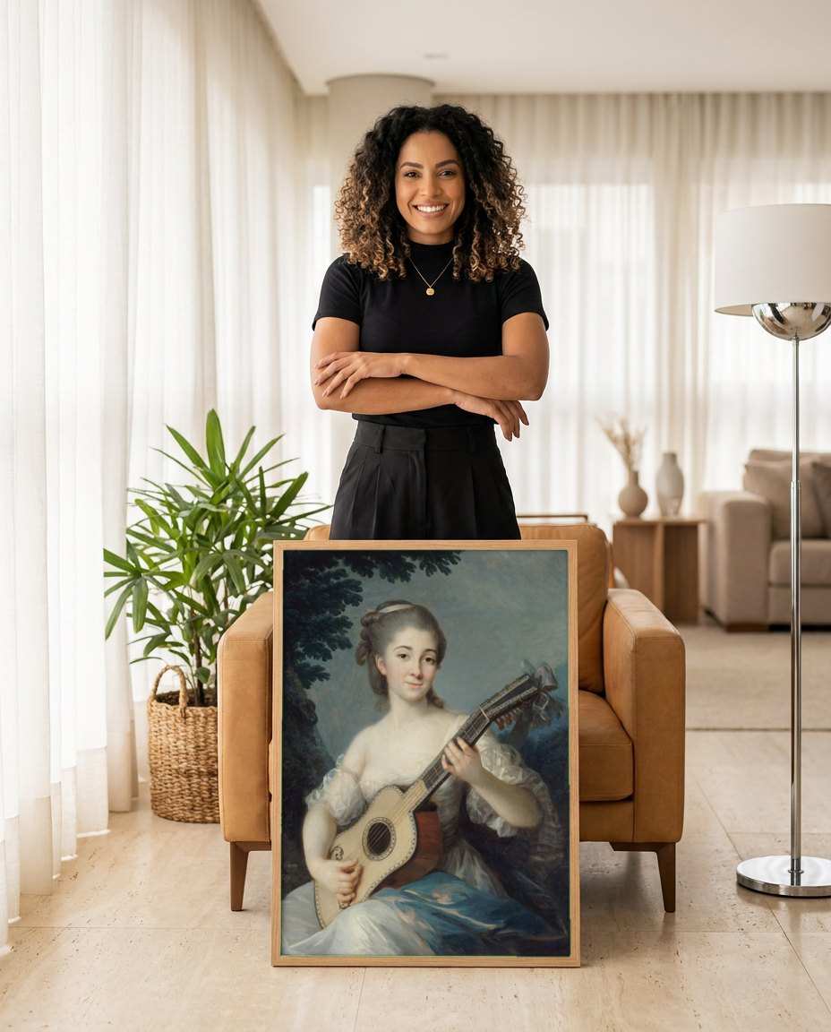 Quadro Decorativo Jovem com Guitarra - Elisabeth Vigée Le Brun | modelo apresentando o quadro emoldurado