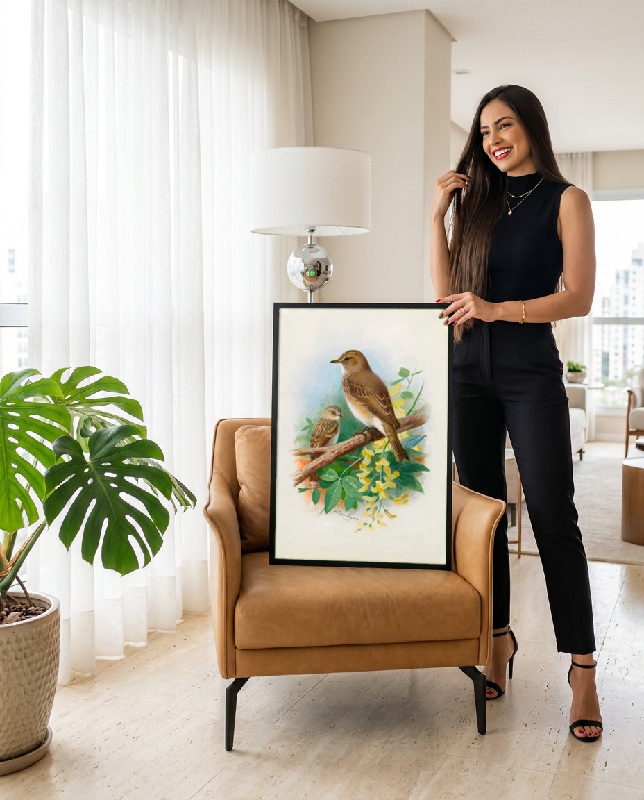 Quadro Decorativo Pássaros em Flor - Archibald Thorburn | modelo apresentando o quadro emoldurado