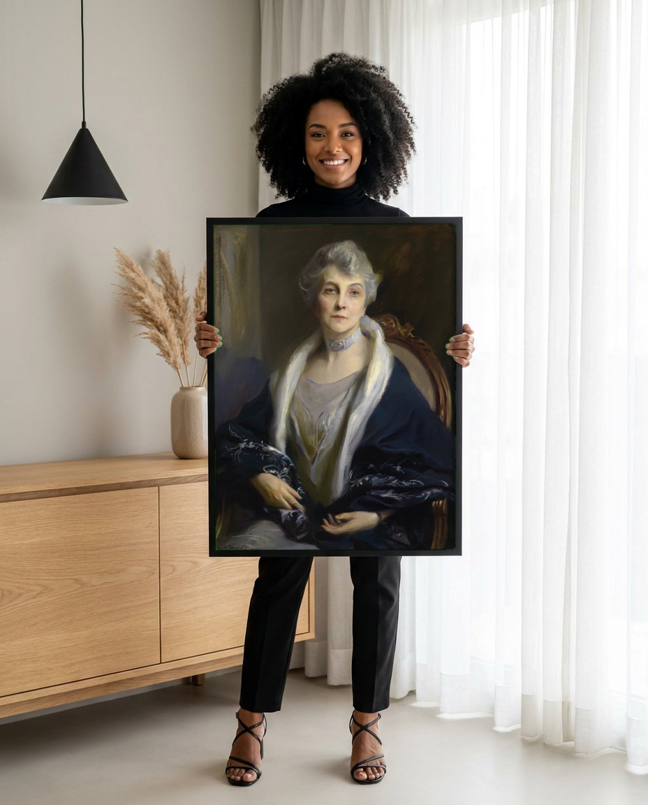 Quadro Decorativo Retrato de Senhora - Philip Alexius de László | modelo apresentando o quadro emoldurado