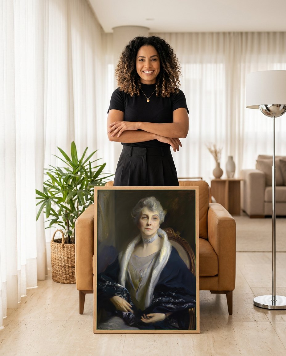 Quadro Decorativo Retrato de Senhora - Philip Alexius de László | modelo apresentando o quadro emoldurado