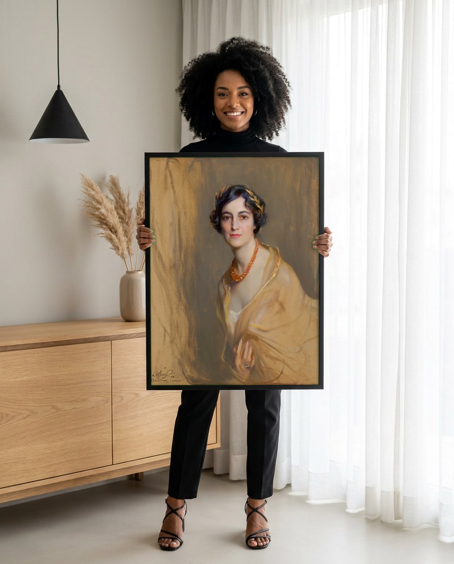 Quadro Decorativo Retrato Feminino - Philip Alexius de László | modelo apresentando o quadro emoldurado