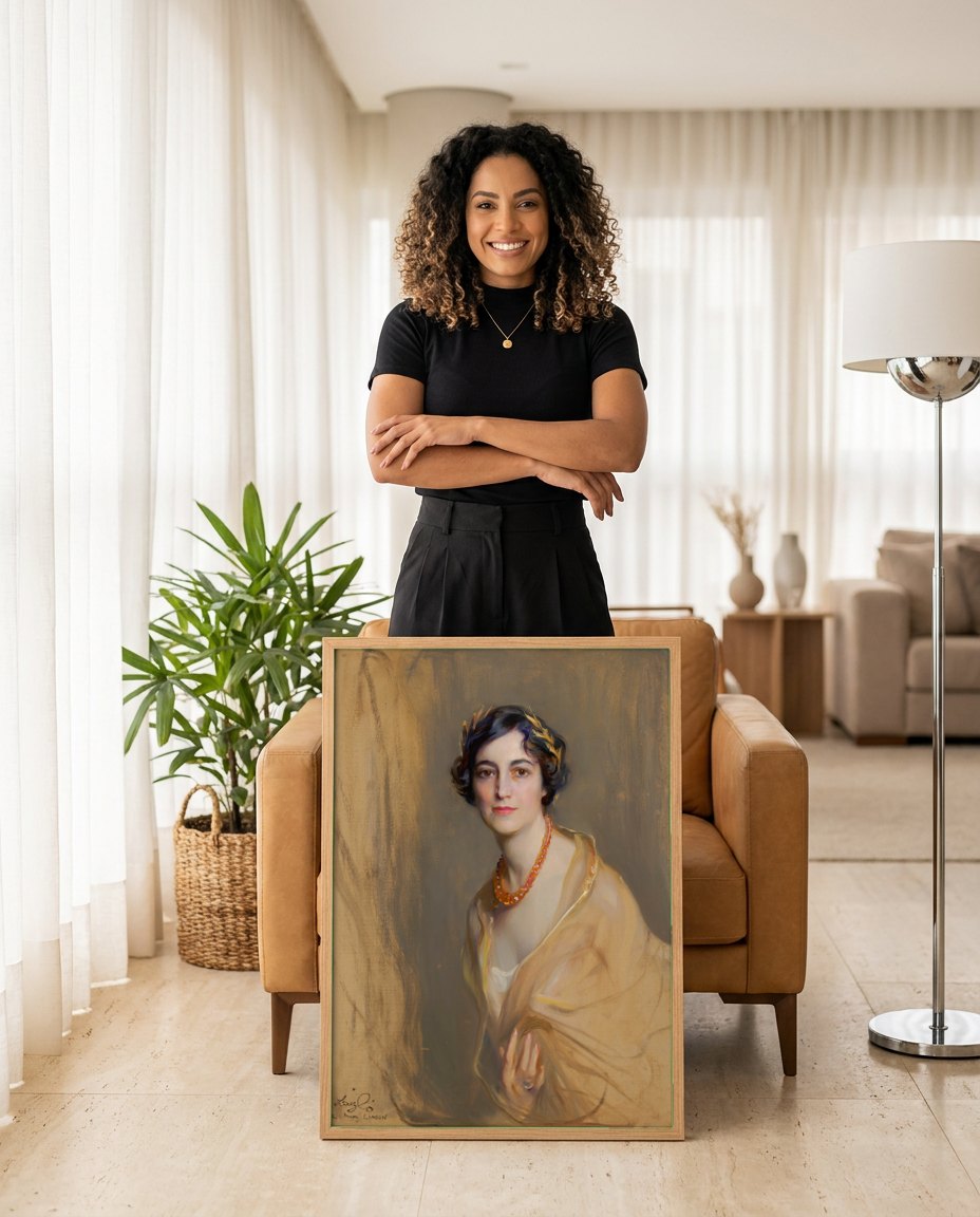 Quadro Decorativo Retrato Feminino - Philip Alexius de László | modelo apresentando o quadro emoldurado