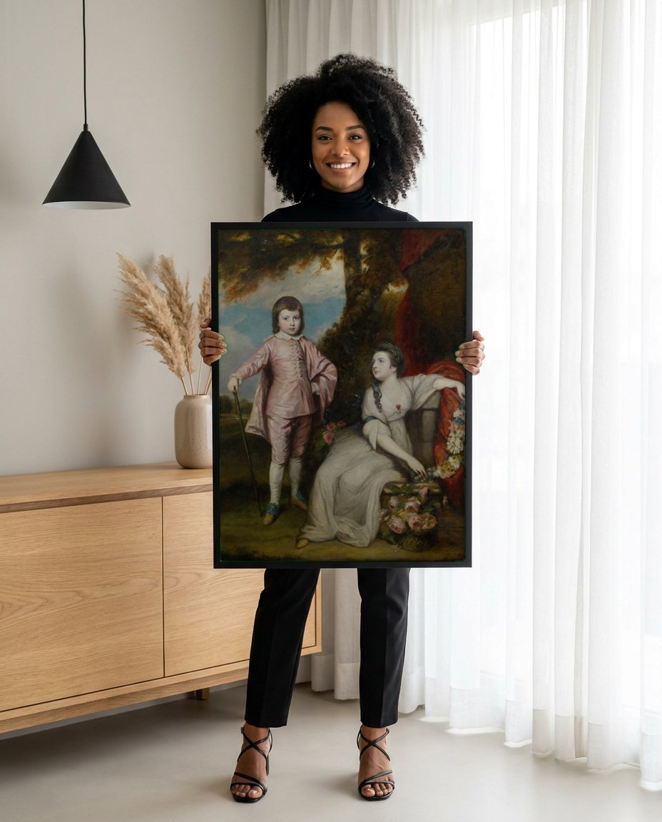 Quadro Decorativo Crianças com Flores - Sir Joshua Reynolds | modelo apresentando o quadro emoldurado