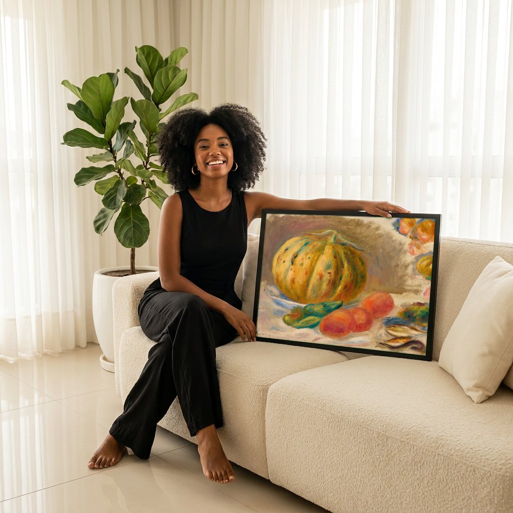 Quadro Decorativo Abóbora e Frutas - Renoir | modelo apresentando o quadro emoldurado