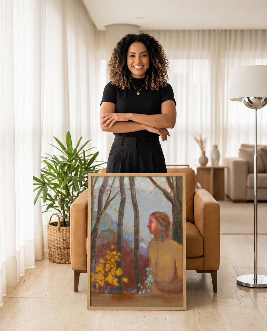 Quadro Decorativo A Mulher no Bosque - Odilon Redon | modelo apresentando o quadro emoldurado