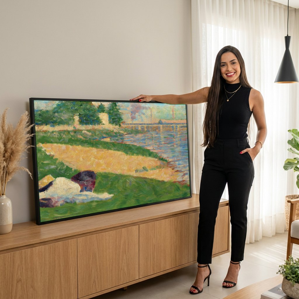 Quadro Decorativo Banhista à Beira do Rio - Georges Seurat | modelo apresentando o quadro emoldurado