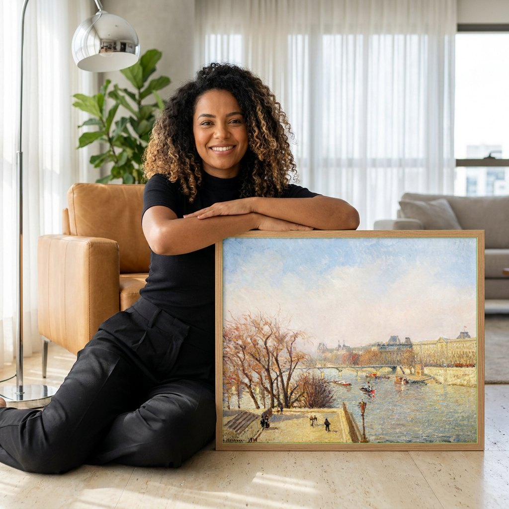 Quadro Decorativo A Pont Neuf - Camille Pissarro | modelo apresentando o quadro emoldurado