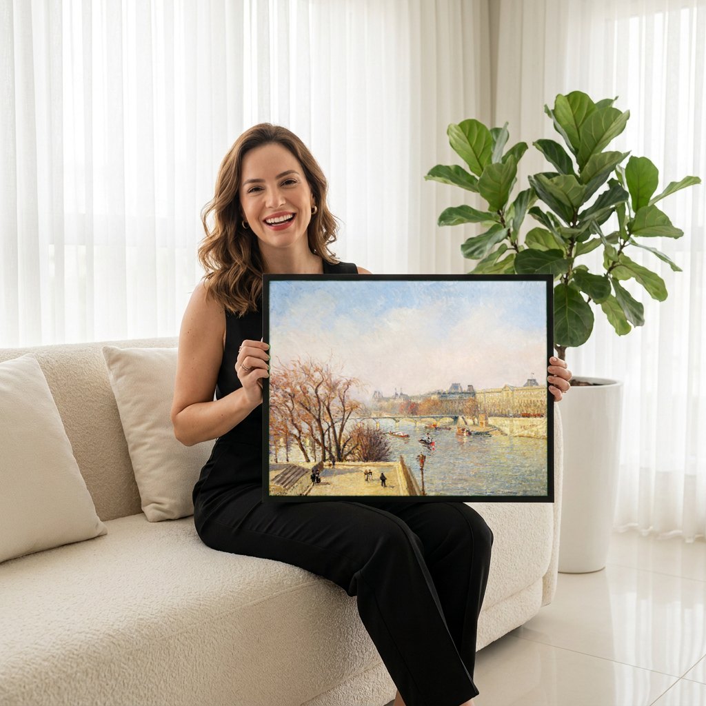 Quadro Decorativo A Pont Neuf - Camille Pissarro | modelo apresentando o quadro emoldurado