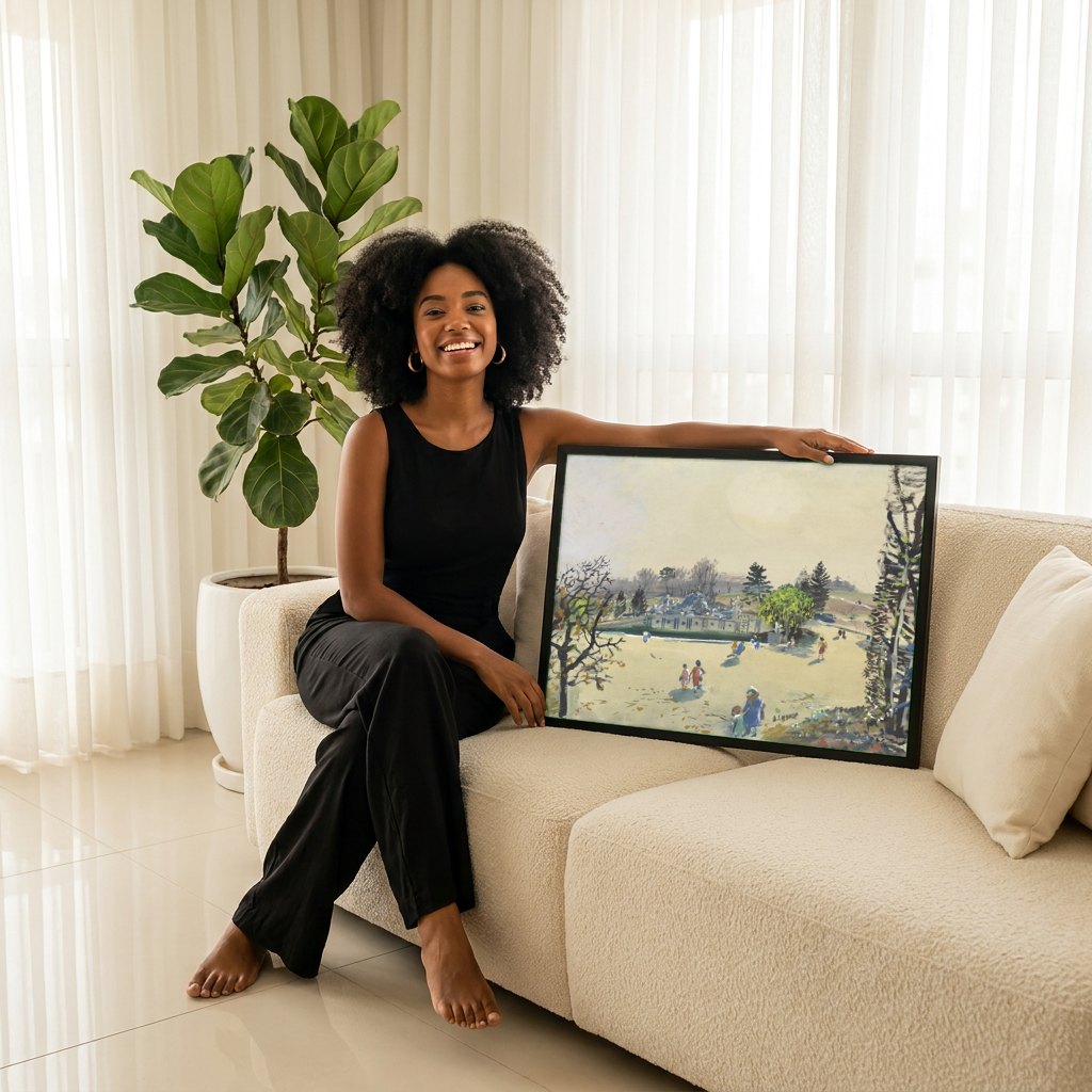 Quadro Decorativo Jardins com Fonte e Figuras - Oskar Laske | modelo apresentando o quadro emoldurado