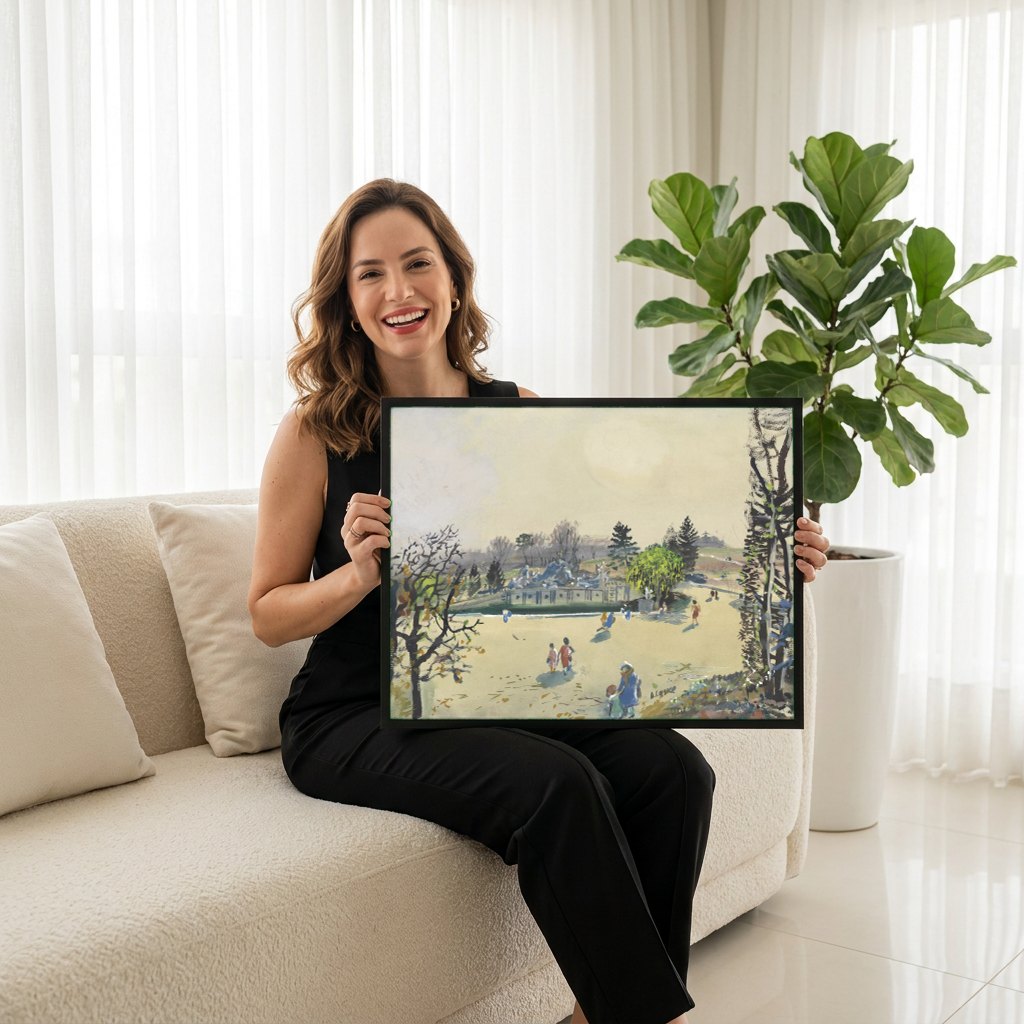 Quadro Decorativo Jardins com Fonte e Figuras - Oskar Laske | modelo apresentando o quadro emoldurado