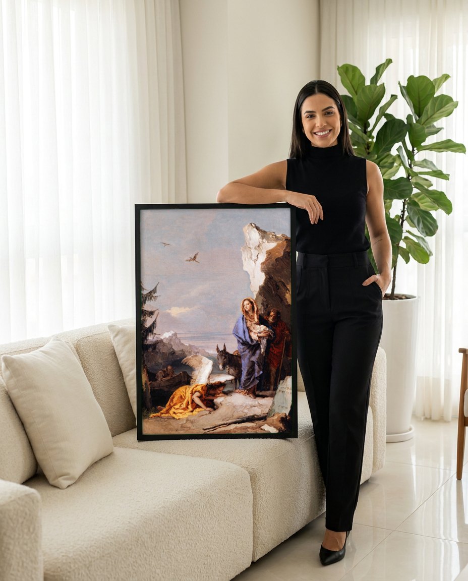 Quadro Decorativo A Fuga para o Egito - Tiepolo | modelo apresentando o quadro emoldurado