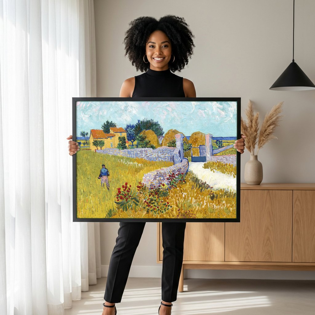 Quadro Decorativo Campo de Trigo com Ceifeiro - Van Gogh | modelo apresentando o quadro emoldurado